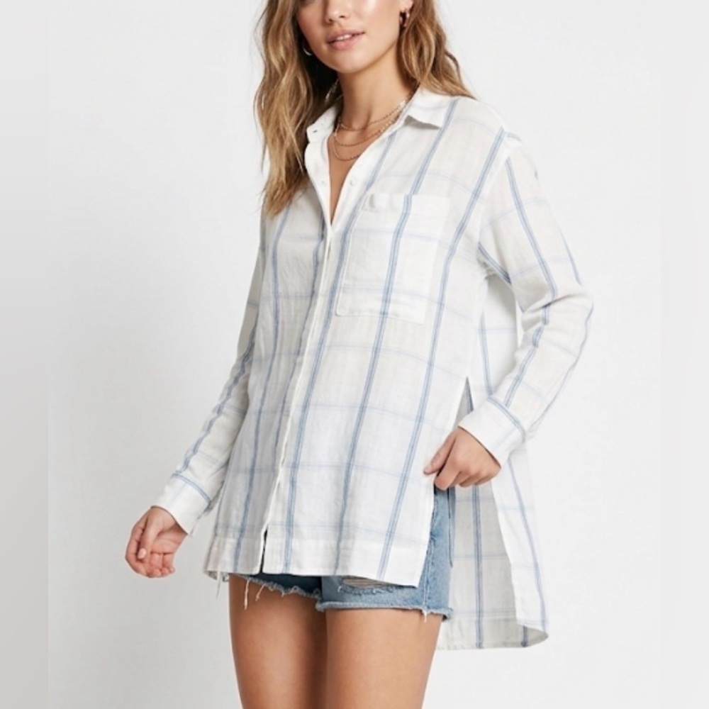Urban Outfitters BDG White and Blue Oversized Boyfriend Hidden Button Up Shirt S